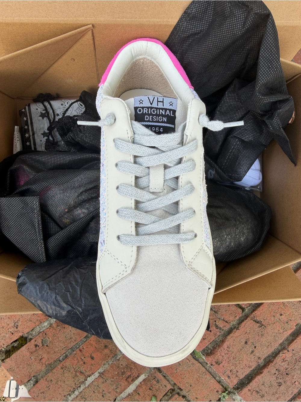 NWT Vintage Havana Glitter Star Sneakers White Pink Leather Shoes Women’s Size 8 - Picture 3 of 5